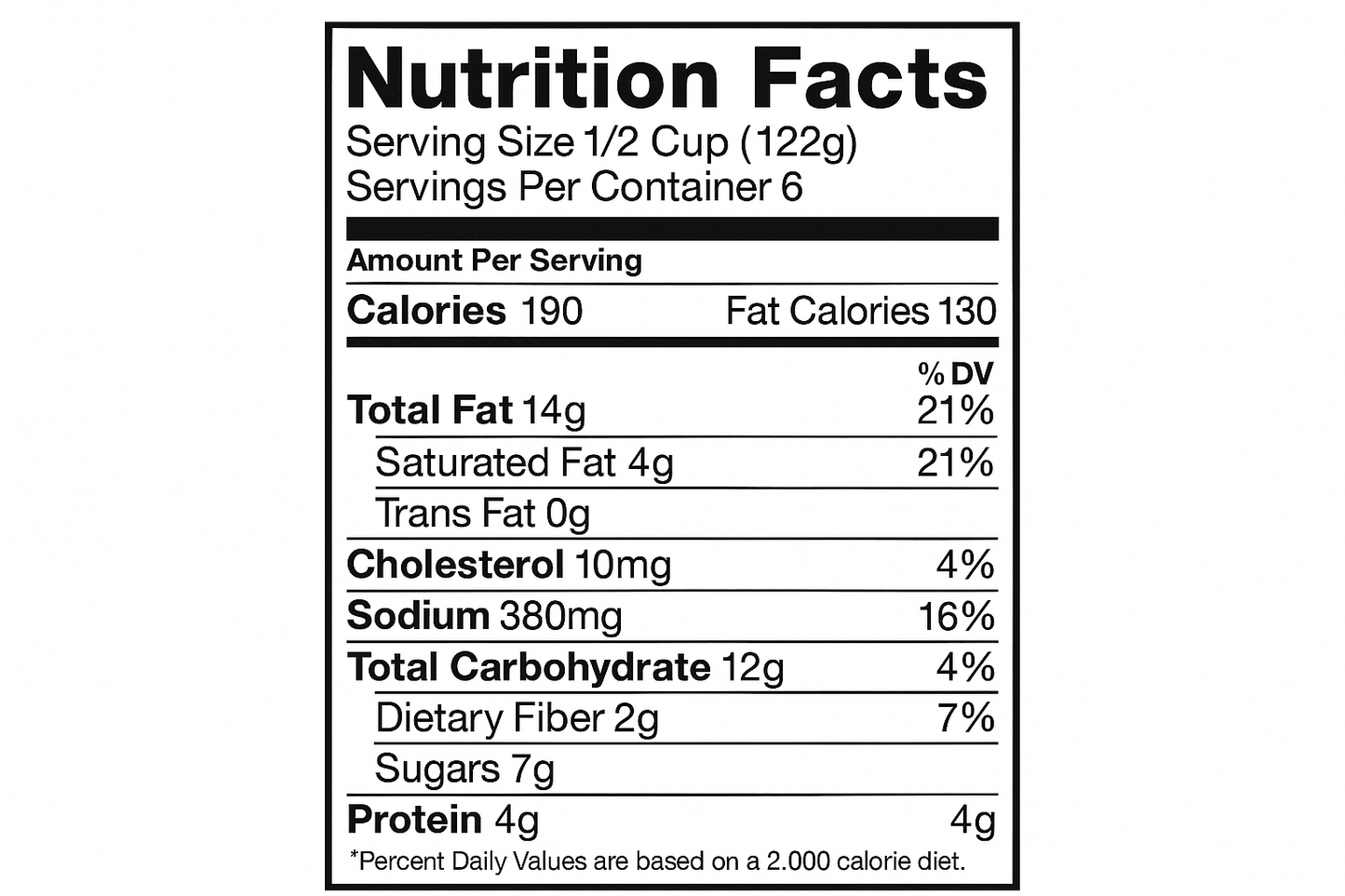 create nutrition label with the following information: Serving Size 1/2 Cup (122g) Servings Per Container 6 Amount Per Serving Calories 190 Fat Calories 130 Total Fat 14g (21% DV), Sat. Fat 4g (21% DV) Trans Fat 0g Cholesterol 10mg (4% DV) Sodium 380mg (16% DV) Total Carbohydrate 12g (4% DV) Dietary Fiber 2g (7% DV) Sugars 7g Protein 4g *Percent Daily Values are based on a 2,000 calorie diet.