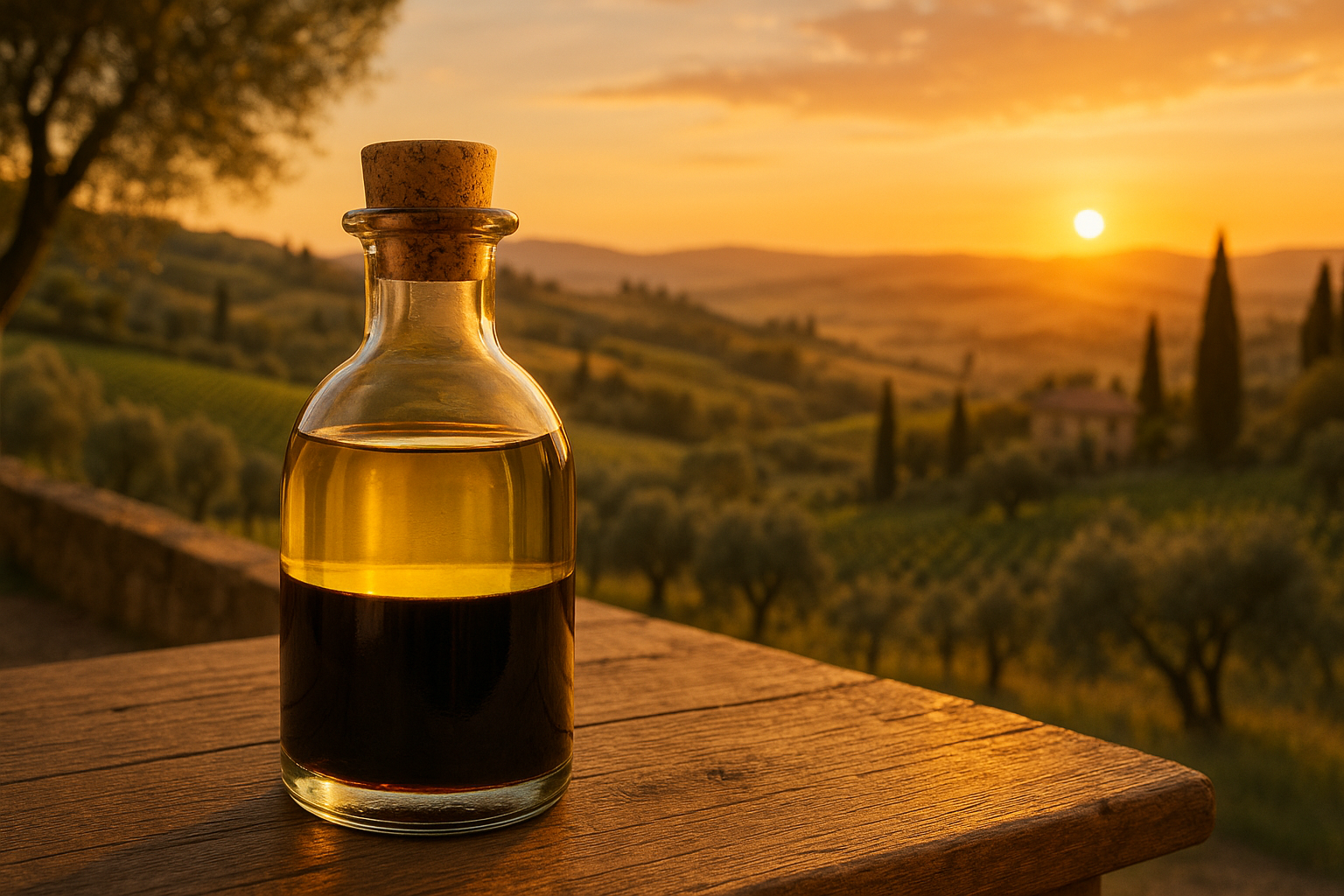 glass bottle of olive oil and vinegar with a cork on a table with a Tuscan backdrop