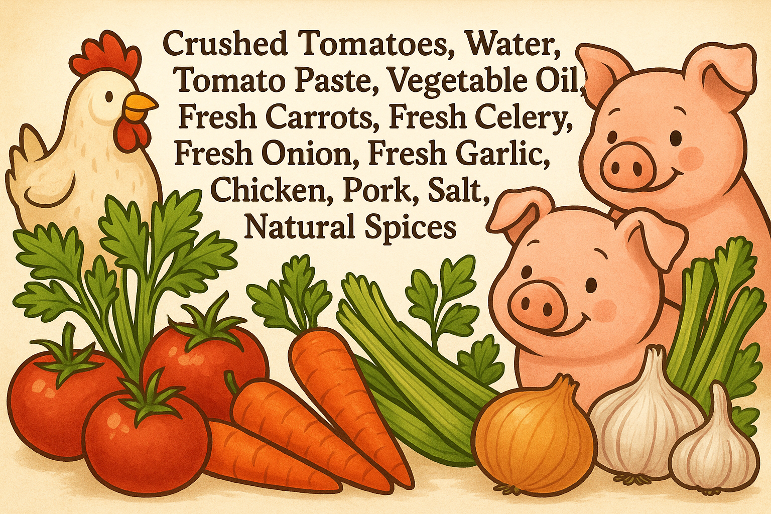 appealing ingredients banner with pigs and chickens that reads: Crushed Tomatoes, Water, Tomatoe Paste, Vegetable Oil, Fresh Carrots, Fresh Celery, Fresh Onion, Fresh Garlic, Chicken, Pork, Salt, Natural Spices.
