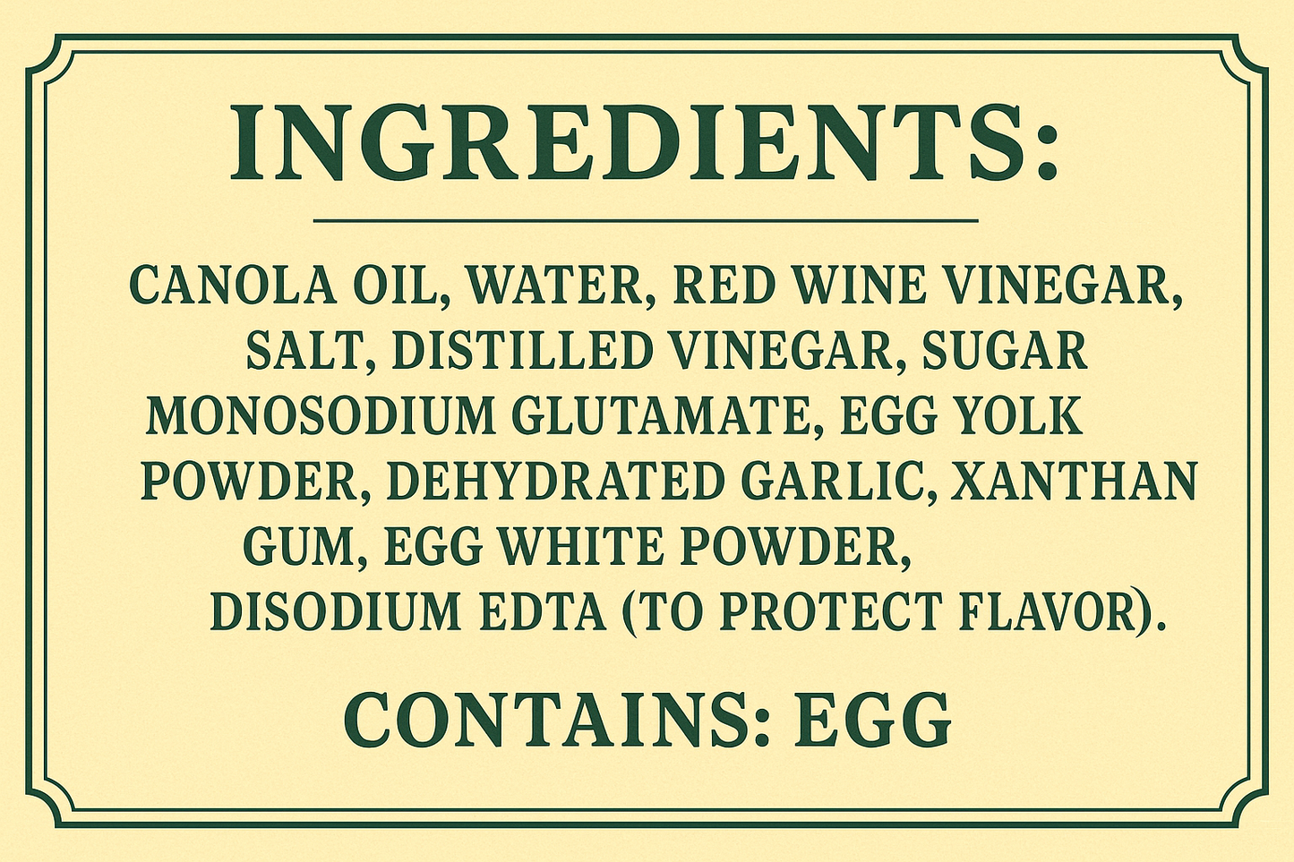 appealing ingredients banner with light yellow background and dark green letters that reads: CANOLA OIL, WATER, RED WINE VINEGAR, SALT, DISTILLED VINEGAR, SUGAR, MONOSODIUM GLUTAMATE, EGG YOLK POWDER, DEHYDRATED GARLIC, XANTHAM GUM, EGG WHITE POWDER, DISODIUM EDTA (TO PROTECT FLAVOR). CONTAINS: EGG