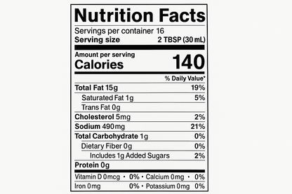 create nutrition label with the following information: Servings: 16 Serv. size 2 TBSP (30 mL) Amount per serving: Calories 140, Total Fat 15g (19% DV), Sat. Fat 1g (5% DV), Trans Fat 0g, Cholest. 5mg (2% DV), Sodium 490mg (21% DV), Total Carb. 1g (0% DV), Fiber 0g (0% DV), Total Sugars 1g (Incl. 1g Added Sugars, 2% DV), Protein 0g, Vit. D0mcg (0% DV), Calcium 0mg (0% DV), Iron 0mg (0% DV), Potas. 0mg (0% DV).