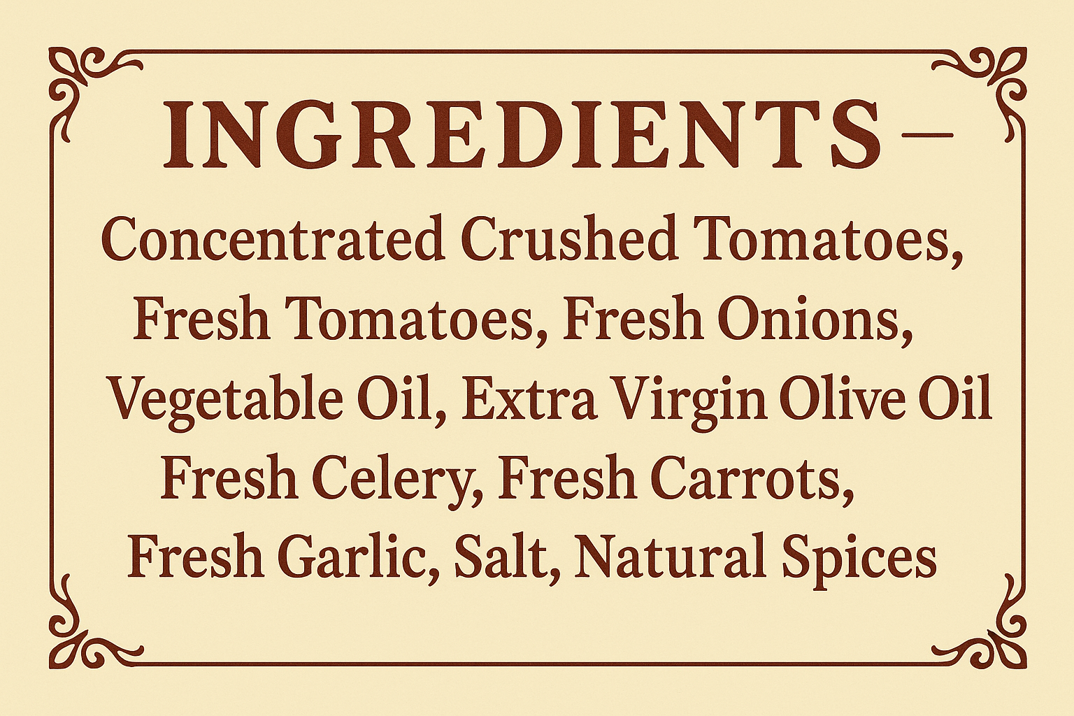 appealing ingredients banner with pale yellow background and dark red letters that reads: Concentrated Crushed Tomatoes, Fresh Tomatoes, Fresh Onions, Vegetable Oil, Extra Virgin Olive Oil, Fresh Celery, Fresh Carrots, Fresh Garlic, Salt, Natural Spices.
