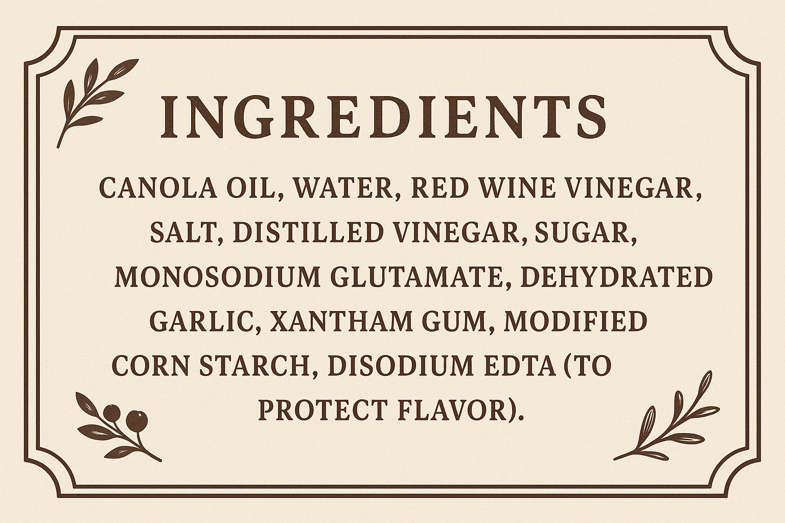 appealing ingredients banner that reads: CANOLA OIL, WATER, RED WINE VINEGAR, SALT, DISTILLED VINEGAR, SUGAR, MONOSODIUM GLUTAMATE, DEHYDRATED GARLIC, XANTHAM GUM, MODIFIED CORN STARCH, DISODIUM EDTA (TO PROTECT FLAVOR).
