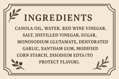 appealing ingredients banner that reads: CANOLA OIL, WATER, RED WINE VINEGAR, SALT, DISTILLED VINEGAR, SUGAR, MONOSODIUM GLUTAMATE, DEHYDRATED GARLIC, XANTHAM GUM, MODIFIED CORN STARCH, DISODIUM EDTA (TO PROTECT FLAVOR).