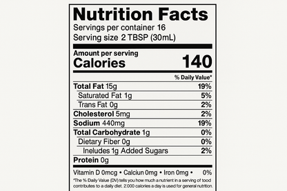 create nutrition label with the following information: Servings: 16 Serv. size 2 TBSP (30 mL) Amount per serving: Calories 140, Total Fat 15g (19% DV), Sat. Fat 1g (5% DV), Trans Fat 0g, Cholest. 5mg (2% DV), Sodium 440mg (19% DV), Total Carb. 1g (0% DV), Fiber 0g (0% DV), Total Sugars 1g (Incl. 1g Added Sugars, 2% DV), Protein 0g, Vit. D0mcg (0% DV), Calcium 0mg (0% DV), Iron 0mg (0% DV), Potas. 0mg (0% DV).