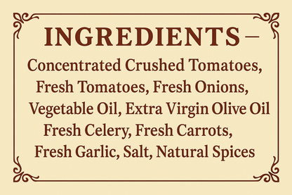 appealing ingredients banner with pale yellow background and dark red letters that reads: Concentrated Crushed Tomatoes, Fresh Tomatoes, Fresh Onions, Vegetable Oil, Extra Virgin Olive Oil, Fresh Celery, Fresh Carrots, Fresh Garlic, Salt, Natural Spices.