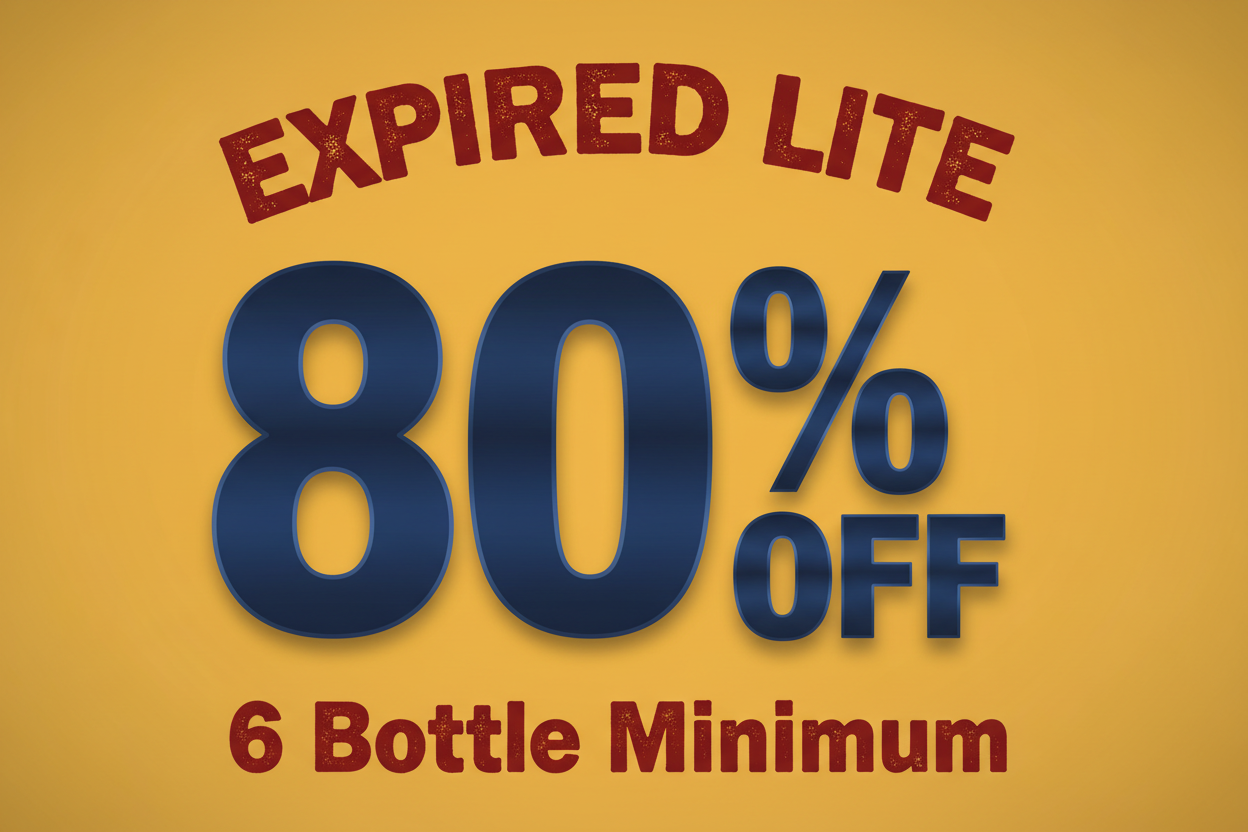banner that reads: EXPIRED LITE 80% OFF 6 Bottle Minimum. Letters are bold and in dark red. EXPIRED LITE is curved. 80% OFF is big and in dark blue. The background is dark yellow