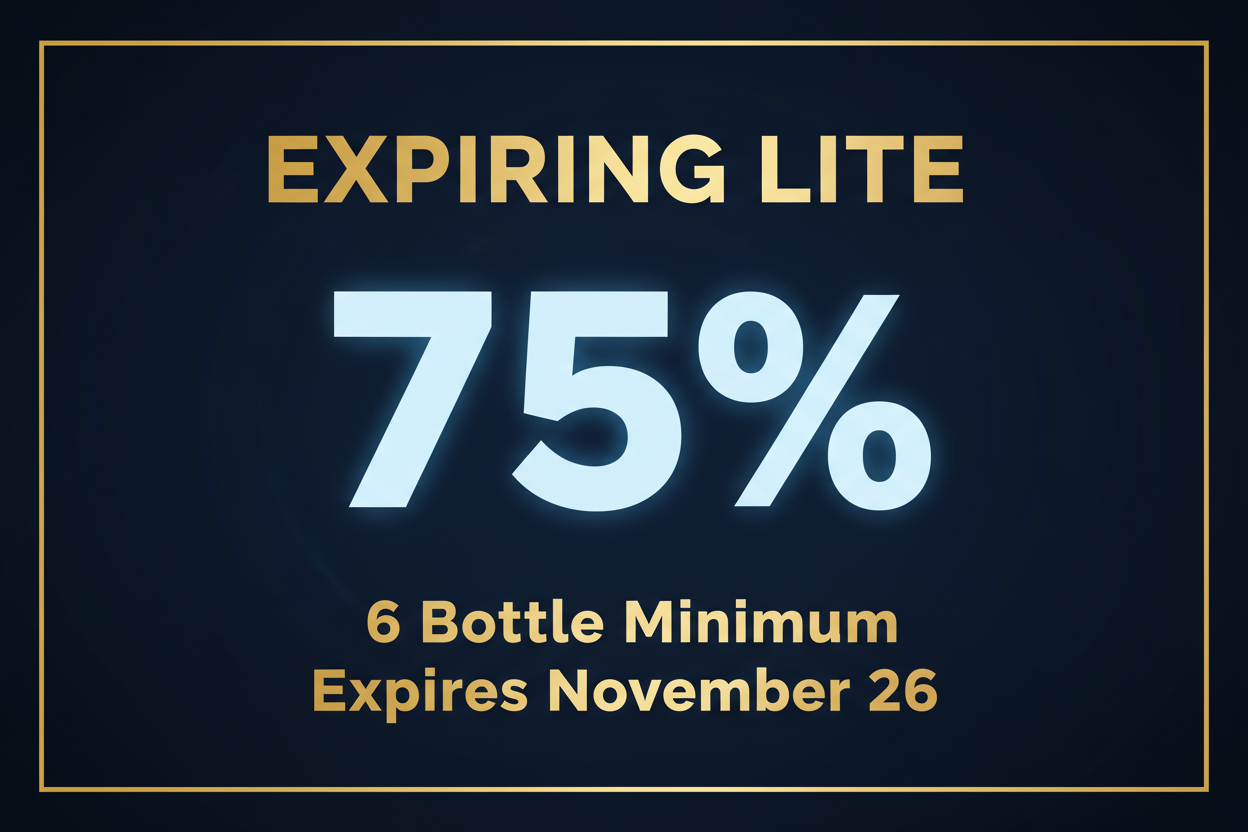 banner that reads: EXPIRING LITE 75% 6 Bottle Minimum Expires November 26. Letters are bold and in gold. 75% is in pale blue. The background is in dark blue