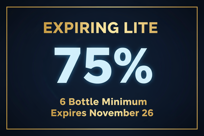 banner that reads: EXPIRING LITE 75% 6 Bottle Minimum Expires November 26. Letters are bold and in gold. 75% is in pale blue. The background is in dark blue