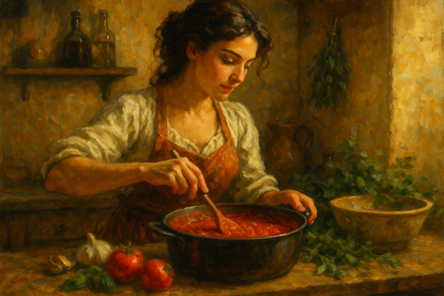 Beautiful Italian woman making sauce in a kitchen. The image is painted style.