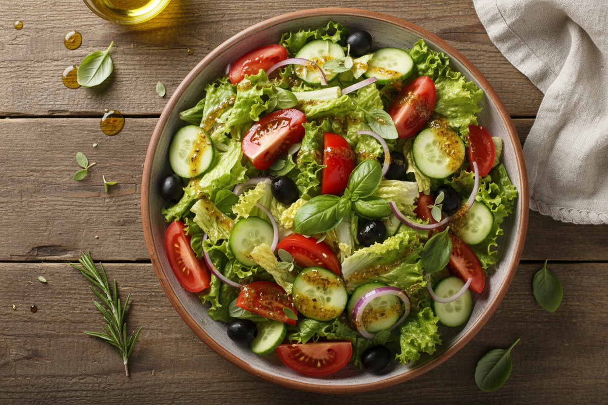 image of a salad on a wood table with italian dressing on it
