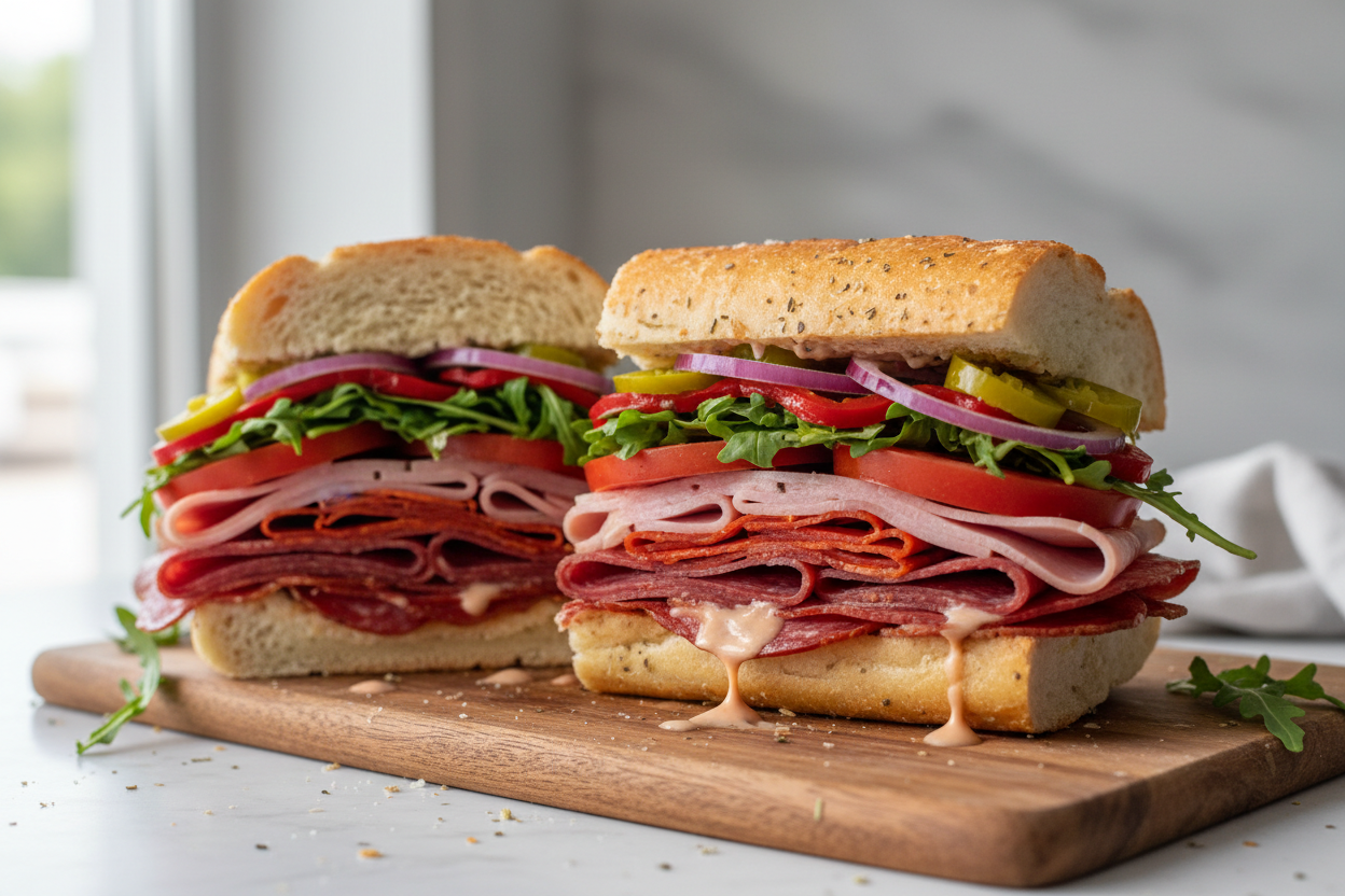 Italian grinder with salami, pepperoni, capicola, ham, mortadella, tomato, onion, arugula, roasted peppers, chopped pepperoncini, with a creamy pink sauce