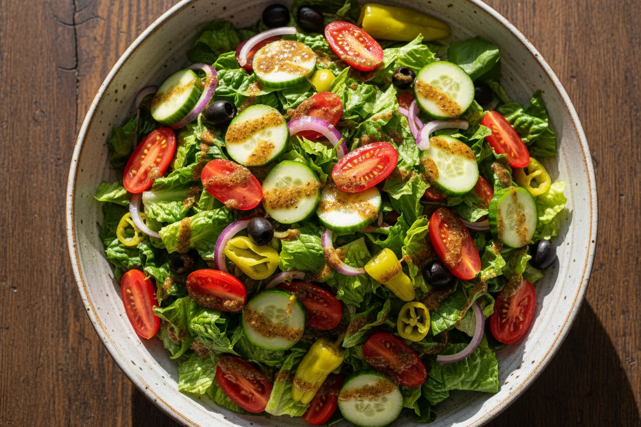 overhead image of a large salad with Italian dressing