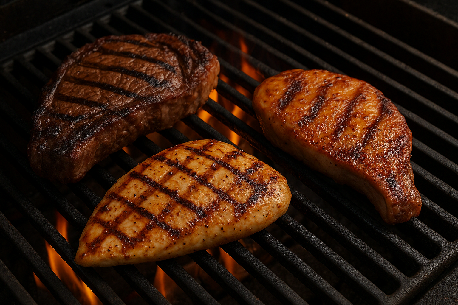steak, chicken, and pork on a grill